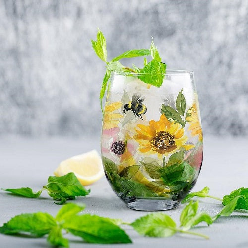 Sunflowers & Bees Stemless Wine Glass - Set of 4