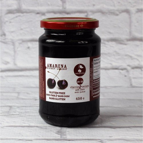 Amarena Cherries with Stem, 450 gram jar