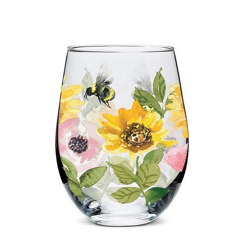 Mixed Flowers Stemless Wine Glass - Set of 4