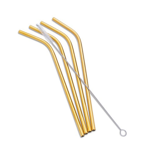 4 Bent Straws with Cleaning Brush - Gold