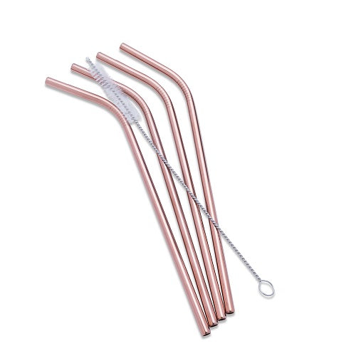 4 Bent Straws with Cleaning Brush - Rose Gold