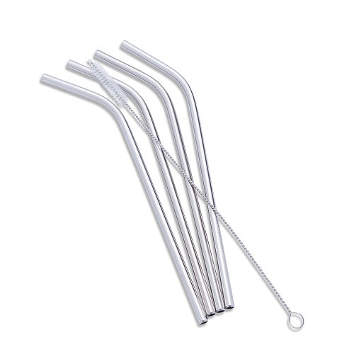 4 Bent Straws with Cleaning Brush - Stainless Steel