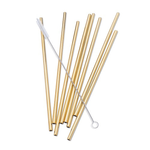 8 Straight Straws with Cleaning Brush - Gold