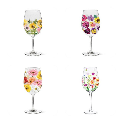 Mixed Flowers Wine Glass with Stem - Set of 4